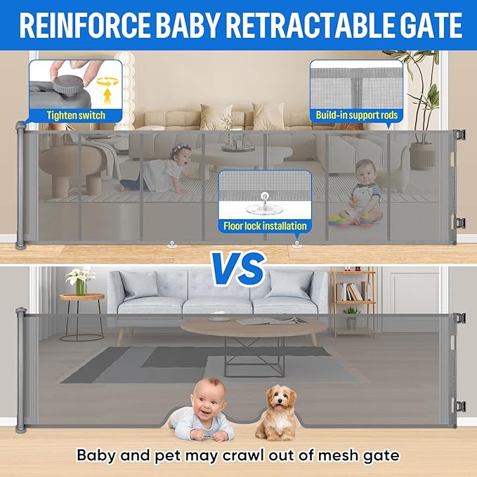 34X100” Extra Wide Retractable Baby Gate, Extra Wide Safety Kids or Pets Gate, 34” Tall, Extends to 100” Extra Wide, Mesh Safety Dog Gate for Stairs, Indoor, Outdoor, Doorways, Hallways