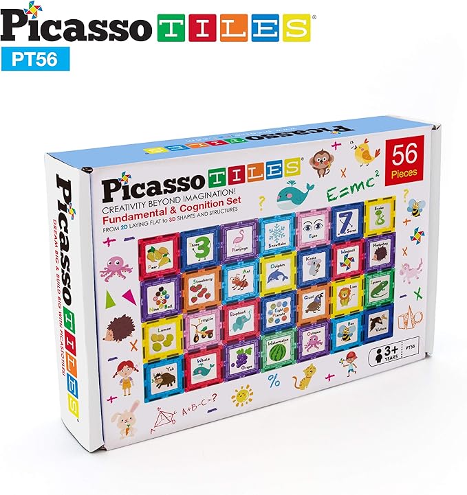 PicassoTiles Magnetic Building Blocks with Tiles and Educational Artwork Graphic Click-in Inserts Magnet Construction Toy Set STEM Learning Kit Playset Child Brain Development PT56