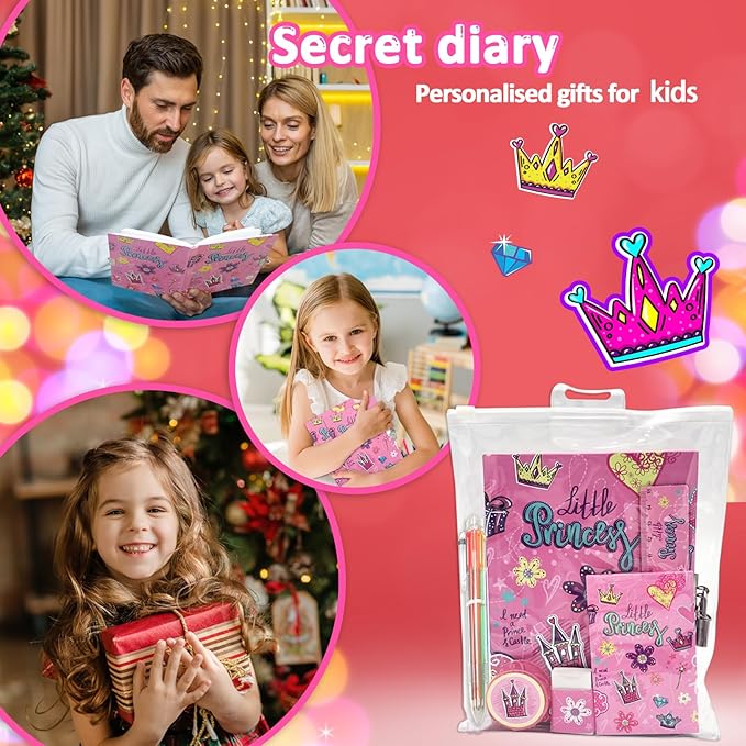 Princess Girls Diary with Lock, Set of Diary for Girls Incl. Kids Journal with Lock & Pen (6-Multicolor) Memo Ruler Sharpener Eraser Pink Girls Journal Writing Notebooks for Kids Gifts for Girls 6-8
