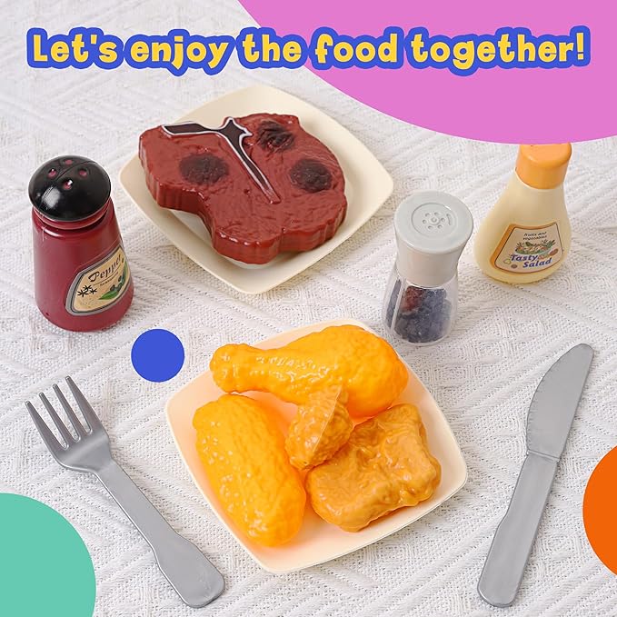 Play Food Toys, Kids Kitchen Accessories, 44 Piece Toy Food Set with Realistic Fake Food, Desserts, and Play Cooking Set, Preschool Learning Kitchen Toys for Toddlers