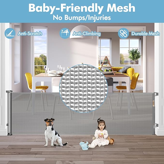 75 Inch Retractable Baby Gates for Wide Openings Retractable Dog Gate Indoor Extra Long Baby Gate Outdoor Extra Large Dog Gate Extra Wide Baby Gate for Stairs Dog Gates for Doorways, Porches, Gray