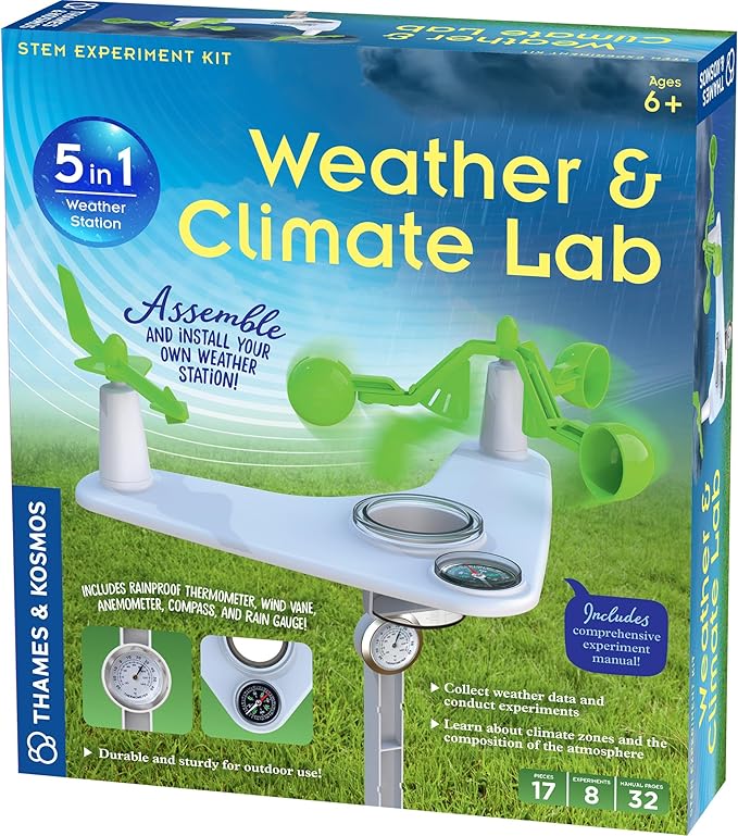 Thames & Kosmos Weather & Climate Lab STEM Experiment Kit, 5-in-1 Weather & Meteorology Station w/Wind Vane, Compass, Rain Gauge, Anemometer & Thermometer for Ages 6+, Includes Stake for Outdoor Use