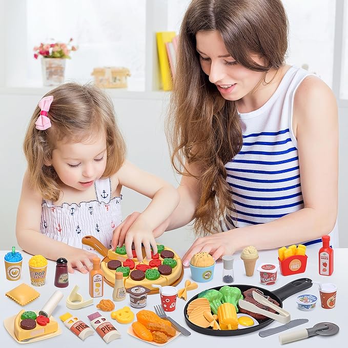 Play Food Toys, Kids Kitchen Accessories, 44 Piece Toy Food Set with Realistic Fake Food, Desserts, and Play Cooking Set, Preschool Learning Kitchen Toys for Toddlers
