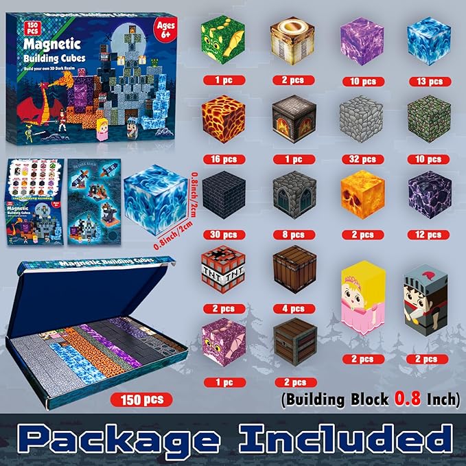 Goody King 150 PCS Magnetic Building Blocks Montessori Magnetic Toys, Build Magnetic Dark Castle Set, STEM Toddler Sensory Building Blocks for Toddler Boys Girls 3 4 5 6 7 8 9 10th Birthday Gift