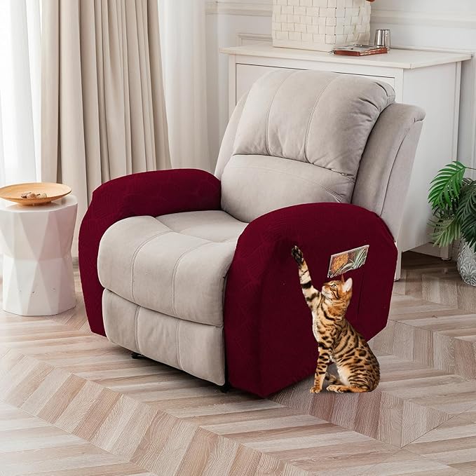 100% Waterproof Armrest Covers for Recliner Sofa, 2 Pieces Stretch Recliner Armrest Slipcovers Washable Couch Arm Covers for Recliners for Pets, Dogs, Kids (Wine, Armrest Covers)