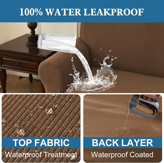 100% Waterproof Jacquard Fabric Couch Cover, Dual Layer with TPU Film, Leakproof High Elasticity Non-Slip Washable Furniture Protector for Pets, Dogs, Cats and Kids(Oversized Sofa,Light Coffee)