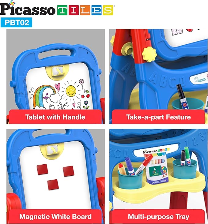 PicassoTiles All-in-one Kids Art Easel Drawing Board, Chalkboard & Whiteboard with Art Accessories, Toddler Toys, Children Learning Tools - Gift for Age 3 to 8 Years Old Kids, Boys, Girls, PBT02