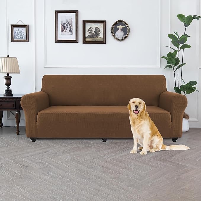 100% Waterproof Jacquard Fabric Couch Cover, Dual Layer with TPU Film, Leakproof High Elasticity Non-Slip Washable Furniture Protector for Pets, Dogs, Cats and Kids(Oversized Sofa,Light Coffee)