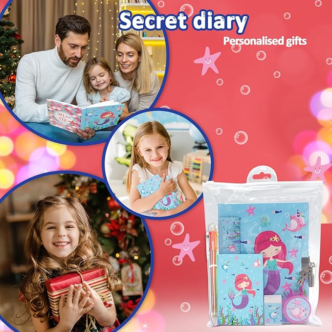 Mermaid Girls Diary with Lock, Set of Diary for Girls Incl. Kids Journal with Lock & Pen (6-Multicolor) Memo Ruler Sharpener Eraser Blue Girls Journal Writing Notebooks for Kids Gifts for Girls 6-8