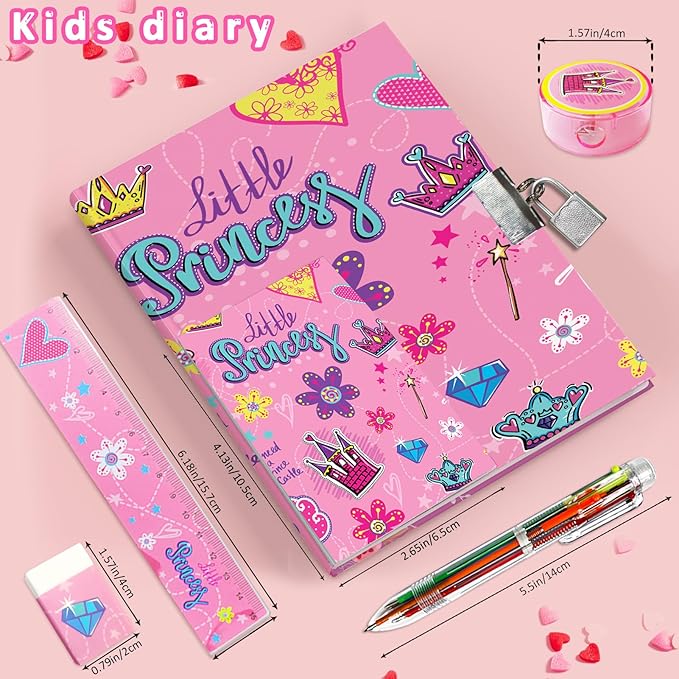 Princess Girls Diary with Lock, Set of Diary for Girls Incl. Kids Journal with Lock & Pen (6-Multicolor) Memo Ruler Sharpener Eraser Pink Girls Journal Writing Notebooks for Kids Gifts for Girls 6-8