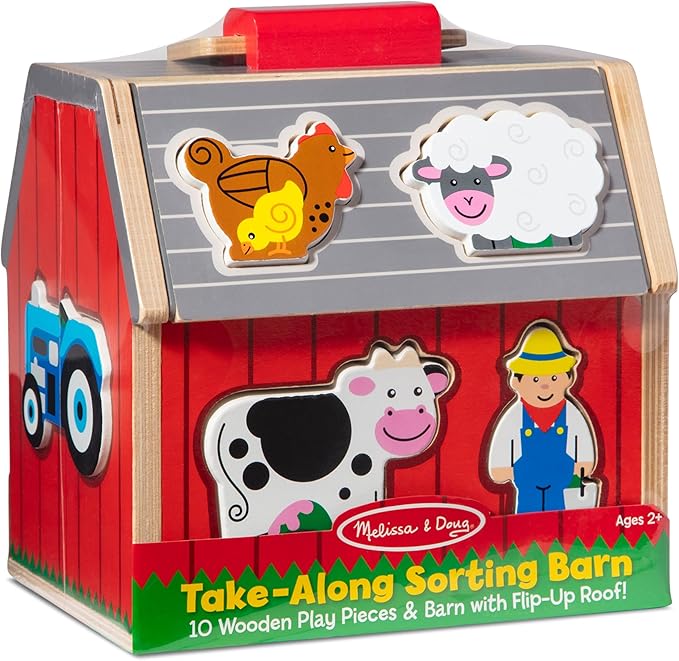 Melissa & Doug Wooden Take-Along Barn Toy with Flip-Up Roof and Handle, 10 Farm Play Pieces, Shape Sorting And Stacking Learning Toys For Toddlers And Kids Ages 2+