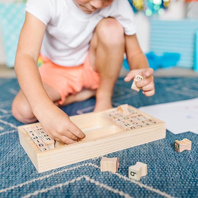 Melissa & Doug Wooden Alphabet Stamp Set - 56 Stamps With Lower-Case and Capital Letters Preschool Writing Toys, ABC Stamps, Kids Arts & Crafts, Letter For Kids Ages 4+