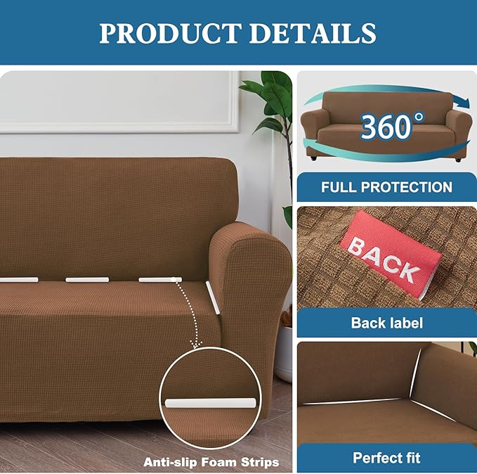 100% Waterproof Jacquard Fabric Couch Cover, Dual Layer with TPU Film, Leakproof High Elasticity Non-Slip Washable Furniture Protector for Pets, Dogs, Cats and Kids(Oversized Sofa,Light Coffee)