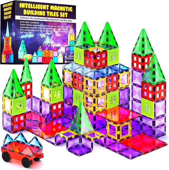 Desire Deluxe Magnetic Tiles Building Blocks Toy - STEM Educational Magnet Set for Kids, Creativity Preschool Learning Sensory Montessori Toddler Toys for Boys & Girls 3+ Years Old - 57PC