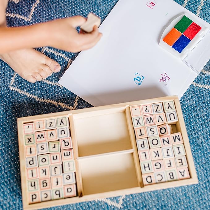 Melissa & Doug Wooden Alphabet Stamp Set - 56 Stamps With Lower-Case and Capital Letters Preschool Writing Toys, ABC Stamps, Kids Arts & Crafts, Letter For Kids Ages 4+
