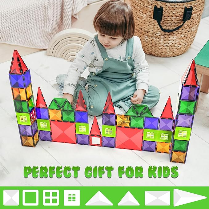 Desire Deluxe Magnetic Tiles Building Blocks Toy - STEM Educational Magnet Set for Kids, Creativity Preschool Learning Sensory Montessori Toddler Toys for Boys & Girls 3+ Years Old - 57PC