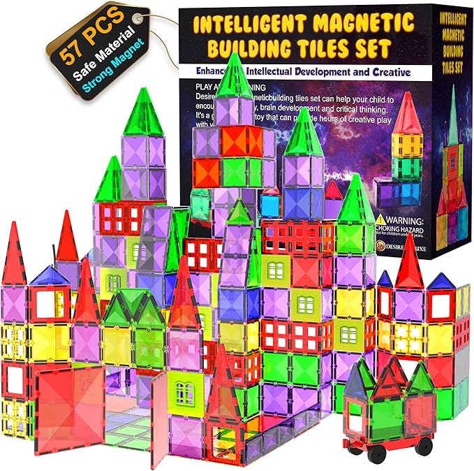 Desire Deluxe Magnetic Tiles Building Blocks Toy - STEM Educational Magnet Set for Kids, Creativity Preschool Learning Sensory Montessori Toddler Toys for Boys & Girls 3+ Years Old - 57PC