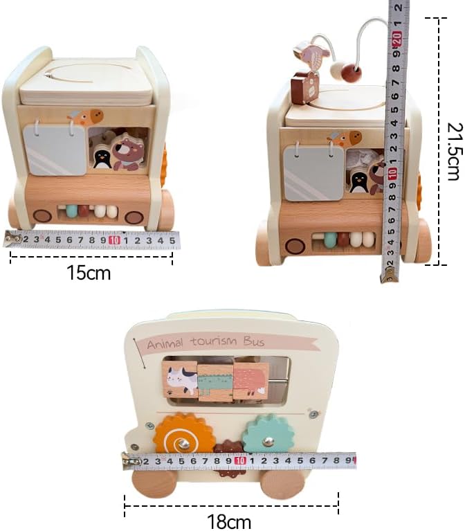 Wooden Activity Cube 8-in-1 Montessori Toys | Multifunctional Early Educational Learning Toys | Activity Cube for Baby Shape Sorter Xylophone Animal Travel Bus Toys Boy Girl Birthday Gift（Beige Bus）