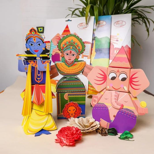 Desi Favors Combo Goddess Durga MATA, Krishna & Ganesh DIY Kids Origami Kit | Traditional Gifts for DIY Kids Different Occasions Birthday, Diwali, & Dussehra, Hindu Culture | 7.9x3.4 Inch (Pack of 3)