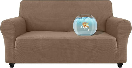 100% Waterproof Jacquard Fabric Couch Cover, Dual Layer with TPU Film, Leakproof High Elasticity Non-Slip Washable Furniture Protector for Pets, Dogs, Cats and Kids (Loveseat,Taupe)