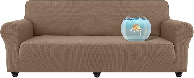 100% Waterproof Jacquard Fabric Couch Cover, Dual Layer with TPU Film, Leakproof High Elasticity Non-Slip Washable Furniture Protector for Pets, Dogs, Cats and Kids (Oversized Sofa,Taupe)