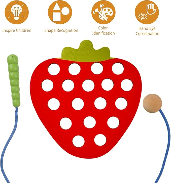 ECam 6 Pcs Lacing Toy for Toddlers, Wooden Threading Toys, Educational and Learning Montessori Activity for Baby and Kids, Fine Motor Skill Toys, Apple Pear Strawberry Watermelon Orange Pineapple
