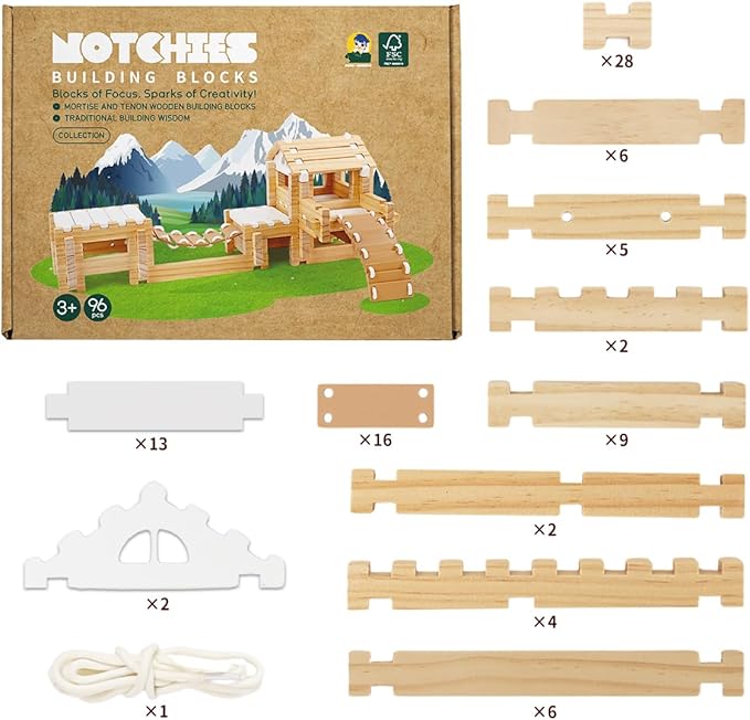 Jovi-mindly 96 PCS Wooden Blocks Wooden Toys with Storage Bag, Preschool Learning Toys Wood Blocks Building Toys for Kids Ages 4-8 Creative Construction Game,FSC Certified