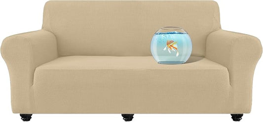 100% Waterproof Jacquard Fabric Couch Cover, Dual Layer with TPU Film, Leakproof High Elasticity Non-Slip Washable Furniture Protector for Pets, Dogs, Cats and Kids (Sofa,Natural Color)