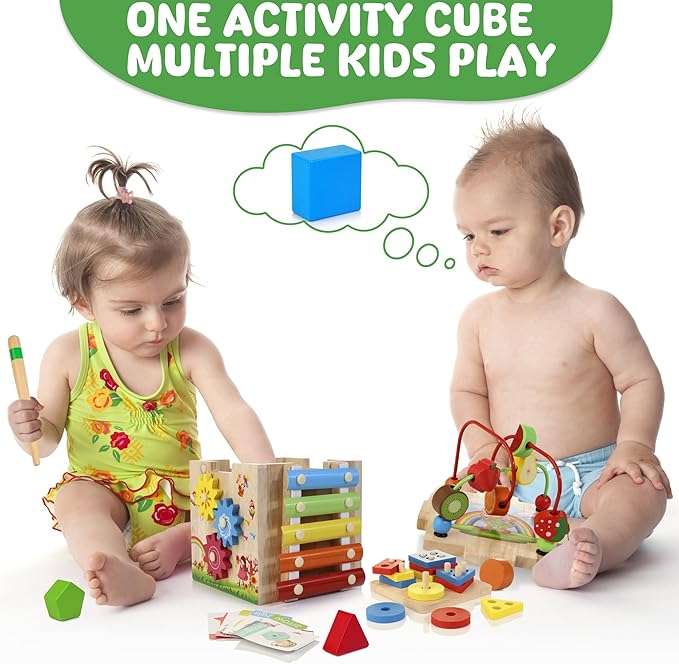 Batlofty Wooden Activity Cube, 8-in-1 Montessori Toys for 1+ Year Old Boys & Girls, Educational Learning Toys for Toddlers Age 1-2, 1st Birthday Gift | Bonus Sorting & Stacking