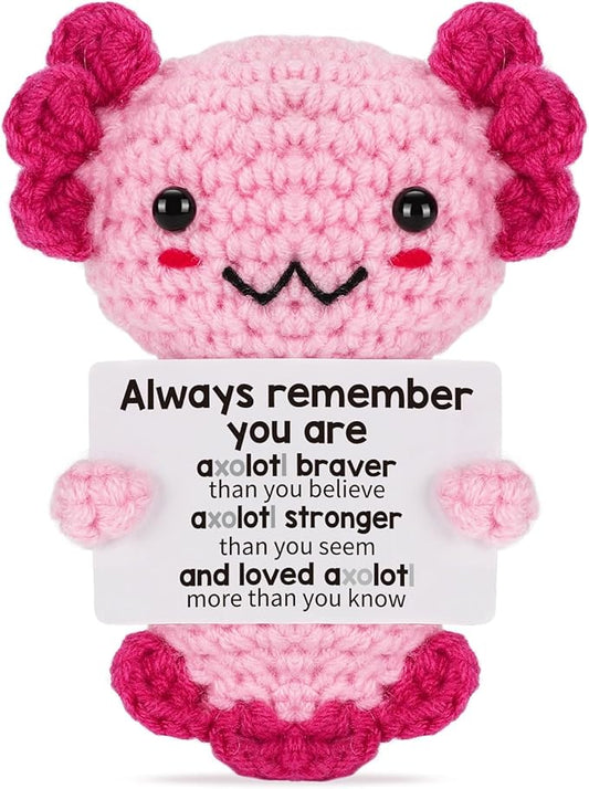 Positive Crochet Animal Axolotl, Handmade Emotional Supporting Plush Gifts for Women Girls Teens Friends, Birthday Christmas Stocking Stuffers Toy Gift Under 10 Dollars, Motivational Encouragement