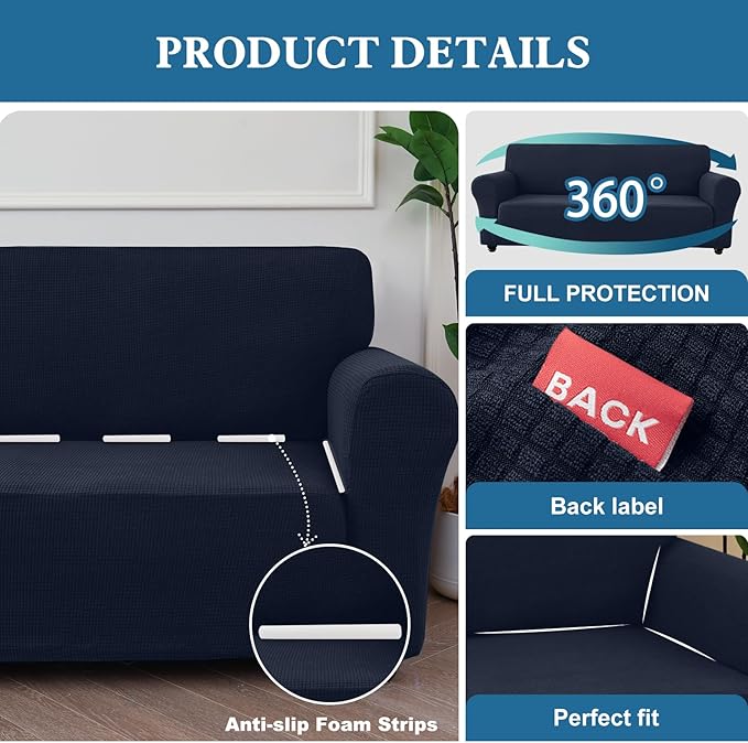 100% Waterproof Jacquard Fabric Couch Cover, Dual Layer with TPU Film, Leakproof High Elasticity Non-Slip Washable Furniture Protector for Pets, Dogs, Cats and Kids (Oversized Sofa,Navy Blue)