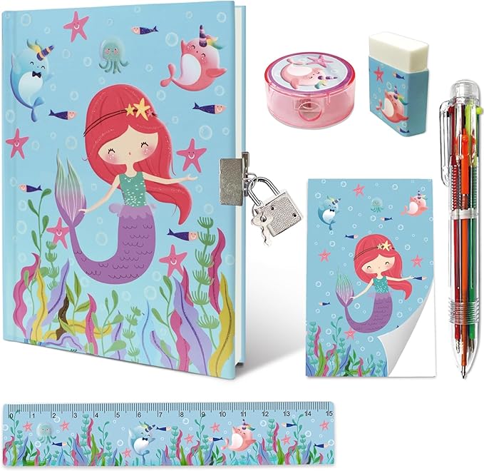 Mermaid Girls Diary with Lock, Set of Diary for Girls Incl. Kids Journal with Lock & Pen (6-Multicolor) Memo Ruler Sharpener Eraser Blue Girls Journal Writing Notebooks for Kids Gifts for Girls 6-8