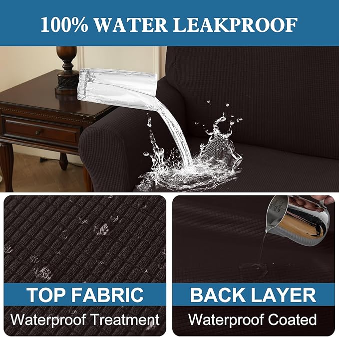 100% Waterproof Jacquard Fabric Couch Cover, Dual Layer with TPU Film, Leakproof High Elasticity Non-Slip Washable Furniture Protector for Pets, Dogs, Cats and Kids (Oversized Sofa,Chocolate)