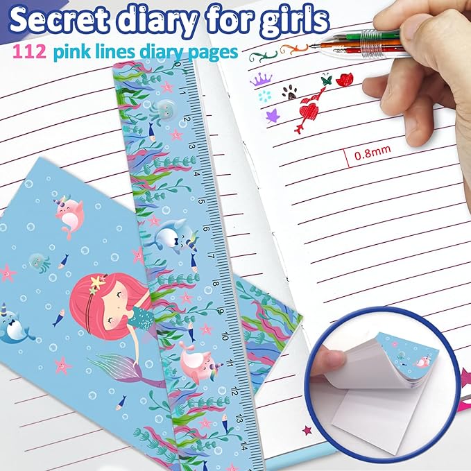 Mermaid Girls Diary with Lock, Set of Diary for Girls Incl. Kids Journal with Lock & Pen (6-Multicolor) Memo Ruler Sharpener Eraser Blue Girls Journal Writing Notebooks for Kids Gifts for Girls 6-8