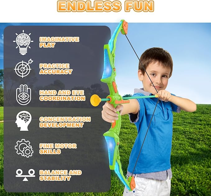 2 Pack Kids Bow and Arrow Set with LED Flash Lights, 14 Suction Cup Arrows and Standing Target-Perfect Indoor and Outdoor Archery Set Toy Gift for Boys and Girls Ages 4-12