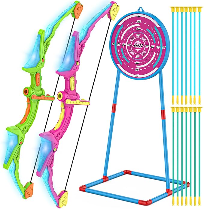 2 Pack Kids Bow and Arrow Set with LED Flash Lights, 14 Suction Cup Arrows and Standing Target-Perfect Indoor and Outdoor Archery Set Toy Gift for Boys and Girls Ages 4-12