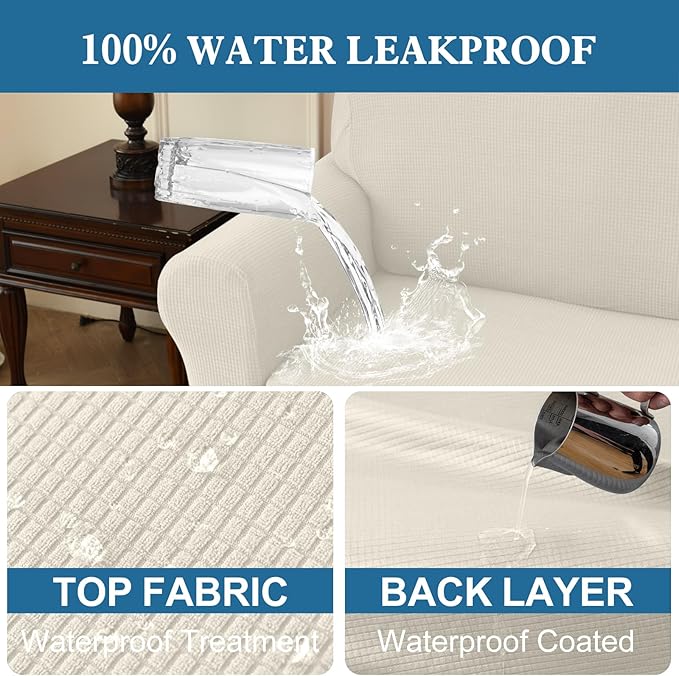 100% Waterproof Jacquard Fabric Couch Cover, Dual Layer with TPU Film, Leakproof High Elasticity Non-Slip Washable Furniture Protector for Pets, Dogs, Cats and Kids (Oversized Sofa,Beige)