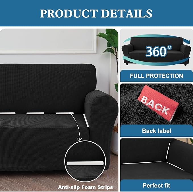 100% Waterproof Jacquard Fabric Couch Cover, Dual Layer with TPU Film, Leakproof High Elasticity Non-Slip Washable Furniture Protector for Pets, Dogs, Cats and Kids (Oversized Sofa,Black)