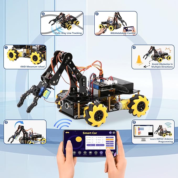 Smart Robot Arm Car Kit, 4WD Remote Control Car Compatible with Arduino IDE, Electronic Programming Project/STEM Education/Science Coding Kit for 16+ Teens and Adults Unique Gifts