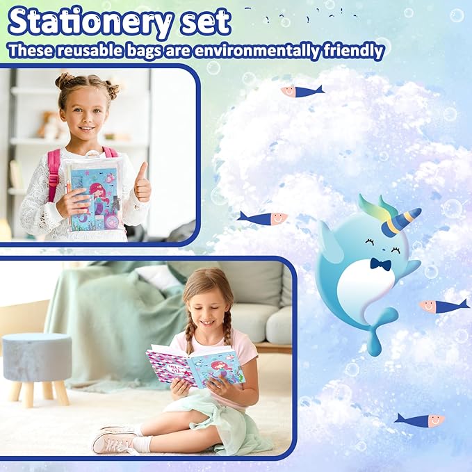 Mermaid Girls Diary with Lock, Set of Diary for Girls Incl. Kids Journal with Lock & Pen (6-Multicolor) Memo Ruler Sharpener Eraser Blue Girls Journal Writing Notebooks for Kids Gifts for Girls 6-8