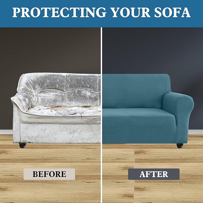 100% Waterproof Jacquard Fabric Couch Cover, Dual Layer with TPU Film, Leakproof High Elasticity Non-Slip Washable Furniture Protector for Pets, Dogs, Cats and Kids (Oversized Sofa,Dusty Blue)