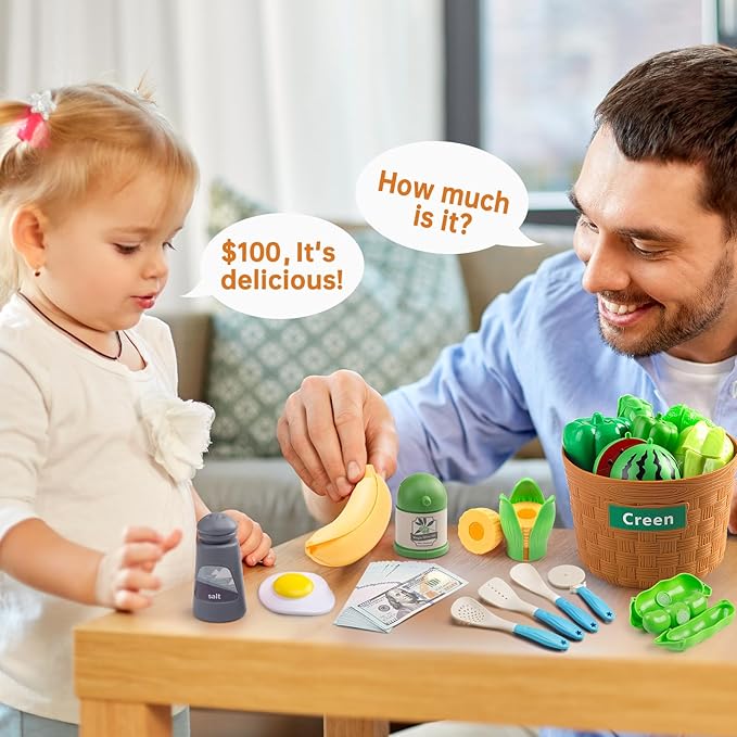90Pcs Kitchen Playset Accessories, Pretend Cooking with Pots, Pans, Cookware, Food, Fruit, Veges, Color Sorting Baskets, Prop Money, Learning Gift for Girls Boys Toddlers (Turquoise)