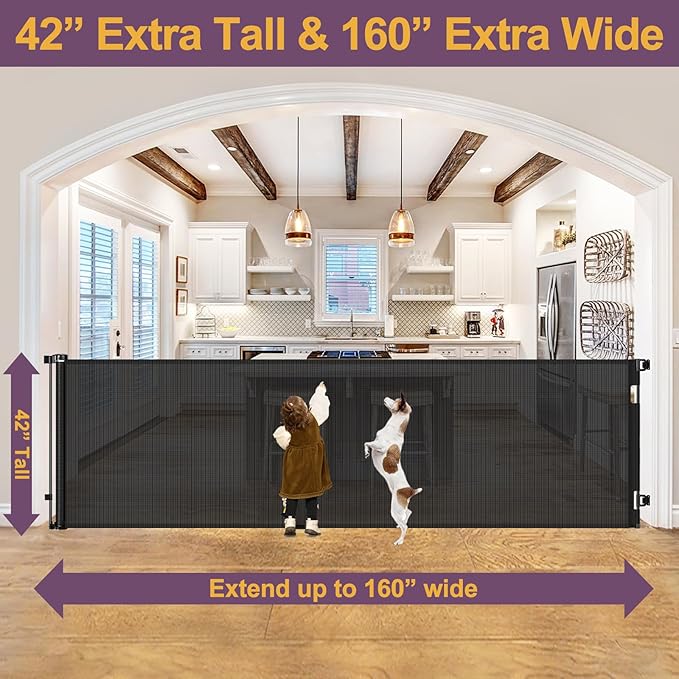 42" Tall X 160" Extra Wide Retractable Baby Gates, Extra Tall Dog Gate for Wide Openings, Tall Baby Gate for Doorways Extra Long Mesh Pet Gate Indoor Outdoor Retractable Gate Large Toddler Gate, Black