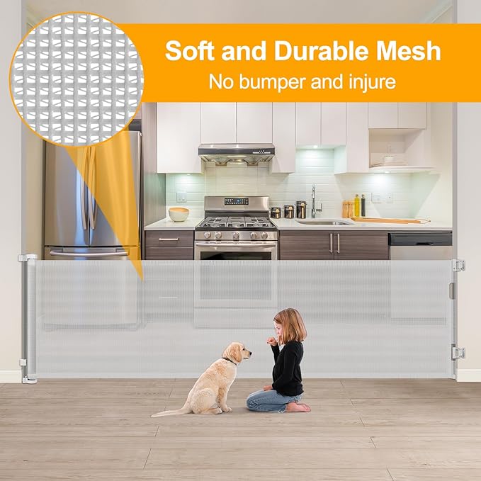 WOMHOM 100 Inch Extra Long Retractable Dog Gate for The House Extra Wide Baby Gate Retractable Baby Gates Toddler Gate Extra Large Pet Gate Outdoor Retractable Gate Child Gate (Light Grey)