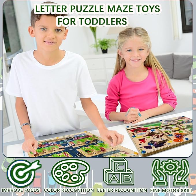 Magnetic Alphabet Maze Toys for 3 4 5 Year Old Boys and Girls Toddlers Learning Activities Toys Cute Car Letters ABC Montessori Fine Motor Skills Toys for Kids Travel Toys for Kids (Traffic)