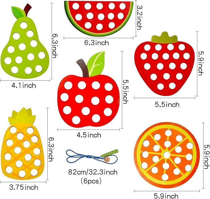 ECam 6 Pcs Lacing Toy for Toddlers, Wooden Threading Toys, Educational and Learning Montessori Activity for Baby and Kids, Fine Motor Skill Toys, Apple Pear Strawberry Watermelon Orange Pineapple