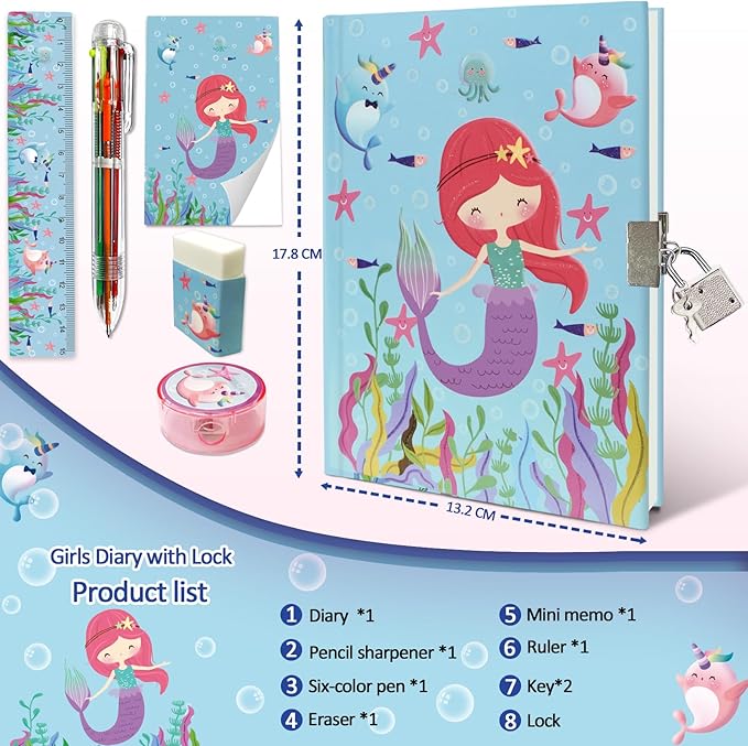 Mermaid Girls Diary with Lock, Set of Diary for Girls Incl. Kids Journal with Lock & Pen (6-Multicolor) Memo Ruler Sharpener Eraser Blue Girls Journal Writing Notebooks for Kids Gifts for Girls 6-8