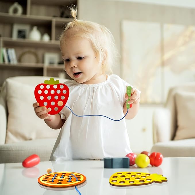 ECam 6 Pcs Lacing Toy for Toddlers, Wooden Threading Toys, Educational and Learning Montessori Activity for Baby and Kids, Fine Motor Skill Toys, Apple Pear Strawberry Watermelon Orange Pineapple