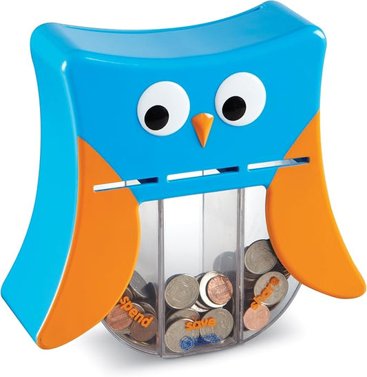 Learning Resources Wise Owl Teaching Bank - 4 Pieces, Ages 3+ Toddler Learning Toys, Play Money Toy for Kids, Save Spend Give Bank