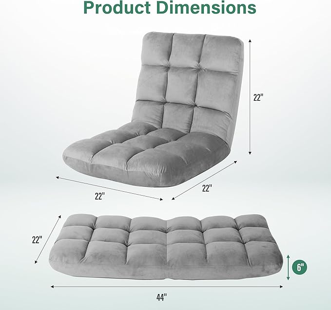 YSSOA Folding Floor Chair with Back Support Convertible Comfy Chair Game Memory Foam Padded Sleeper Recliner Sofa Chair for Bedroom Gaming Working Meditation Reading Adults Kids Grey